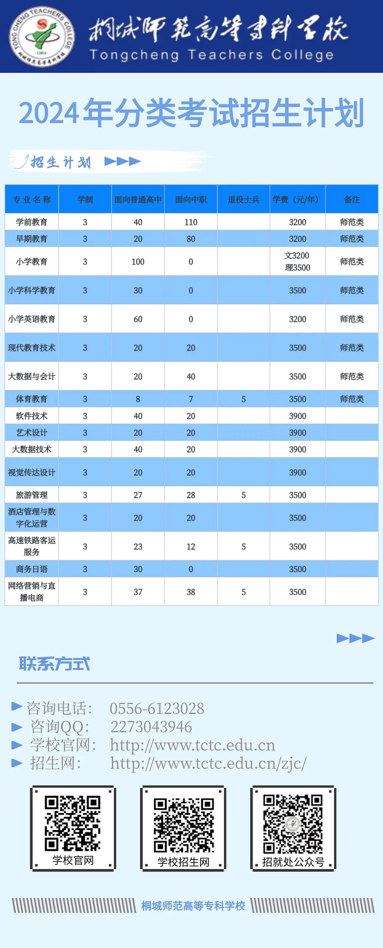 桐城师范高等专科学校2024年分类考试招生计划